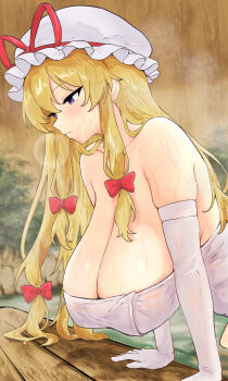 Rule 34 | 1girl, absurdres, alternate breast size (larger), bathing, blonde hair, blush, bow, breasts, cleavage, closed mouth, commentary request, elbow gloves, gloves, hair bow, hat, hat ribbon, highres, hinben, huge breasts, long hair, mob cap, naked towel, onsen, purple eyes, red bow, red ribbon, ribbon, solo, touhou, towel, wet, white gloves, white hat, yakumo yukari