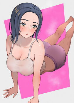 1girl absurdres black_hair blush breasts camisole cleavage collarbone comoli_harcourt doll_joints eyeshadow gundam gundam_gquuuuuux highres joints large_breasts makeup medium_hair mole mole_under_eye open_mouth pukara simple_background solo sweat