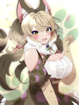1girl animal_ears bare_shoulders belt breasts camouflage cat_ears cat_girl cat_tail cleavage commentary_request elbow_gloves extra_ears gloves green_eyes grey_hair highres jacket jungle_cat_(kemono_friends) kemono_friends kemono_friends_v_project kiryu_(rnrwbhybsxj4qgk) large_breasts long_hair looking_at_viewer microphone ribbon scarf shirt simple_background skirt solo tail twintails virtual_youtuber