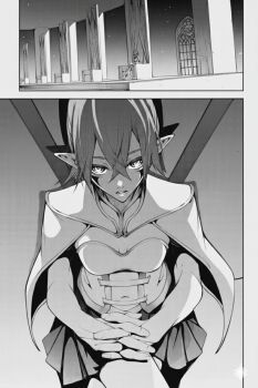 Rule 34 | 1girl, absurdres, aoi toshi, breasts, capelet, cleaned, cleavage, clothing cutout, crossed legs, elbow gloves, elf, ellenor ljos alf (tsue to tsurugi no wistoria), female focus, full body, gloves, highres, long glove, long hair, looking at viewer, manga illustration, manga page, midriff, miniskirt, monochrome, navel, no bra, official art, open mouth, pleated skirt, pointy ears, ponytail, sexually suggestive, sitting, skirt, small breasts, solo, solo focus, stomach, stomach cutout, teeth, textless version, throne, tsue to tsurugi no wistoria