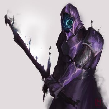 Rule 34 | 1other, armor, artist logo, bohrokki, commentary, cowboy shot, energy sword, english commentary, faceless, grey background, holding, holding sword, holding weapon, hood, hood up, logo, original, purple armor, simple background, solo, sword, weapon