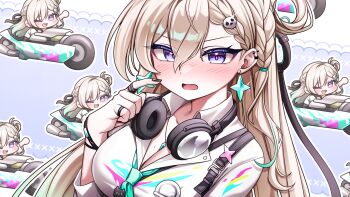 1girl absurdres black_nails blonde_hair blush bracelet braid breasts character_background cleavage commentary_request dasom ear_piercing earrings hair_between_eyes hair_ornament hair_rings hair_tie hand_up headphones headphones_around_neck highres jewelry korean_commentary large_breasts long_hair long_hair_between_eyes looking_at_viewer lynae_(wuthering_waves) mole mole_on_breast motor_vehicle motorcycle multiple_rings on_motorcycle open_mouth paint_on_clothes pendant piercing purple_eyes ring shirt side_braid single_hair_ring skull_hair_ornament solo sparkle star_(symbol) star_earrings upper_body white_shirt wuthering_waves