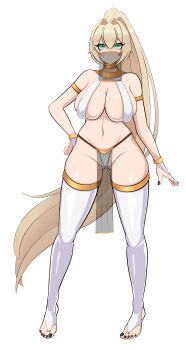 1girl absurdres bare_shoulders belly_dancing blonde_hair bracelet breasts dancer eyebrows_hidden_by_hair facehurt feet gold_bracelet gold_choker green_eyes hair_between_eyes harem_outfit highres jewelry large_breasts long_hair mouth_veil navel original pelvic_curtain ponytail revealing_clothes skindentation stirrup_legwear thick_thighs thighs toe_ring toeless_legwear veil very_long_hair yd_dancer_outfit