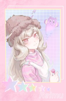 Rule 34 | 1girl, absurdres, border, brown hat, candy, character name, closed mouth, commentary, food, from side, fur hat, grey hair, hat, highres, holding, holding candy, holding food, holding lollipop, lollipop, long hair, looking at viewer, nijisanji, nijisanji en, oneyife1, overalls, pink border, pink eyes, pink shirt, reimu endou, shirt, smile, solo, virtual youtuber, white overalls