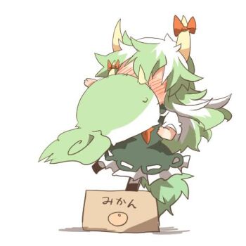 Rule 34 | 1girl, bad id, bad twitter id, blush, box, cardboard box, caved (touhou), ex-keine, green hair, headbutt, horns, kamishirasawa keine, long hair, lowres, on box, rebecca (keinelove), ribbon, sukusuku hakutaku, tail, touhou