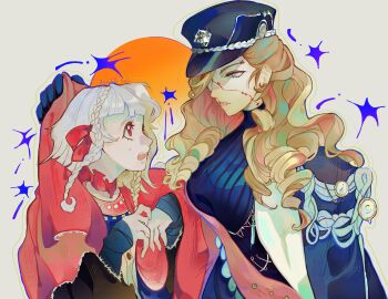 Rule 34 | absurdres, black coat, black hat, black shirt, brown hair, cloak, clothes grab, coat, coat on shoulders, commentary, corvus (reverse:1999), eye contact, face-to-face, from side, grey background, grey eyes, hands up, hat, highres, koiii (ichikakoiii), looking at another, medium hair, open mouth, peaked cap, profile, red cloak, red eyes, red sash, reverse:1999, rubuska, sash, shirt, shoulder sash, stitched face, stitches, sweat, symbol-only commentary, upper body, white hair