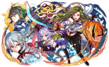 2girls 4boys aiguillette alternate_costume anime_coloring artist_request belt black_collar black_eyes black_footwear black_gloves black_hair black_pants black_ribbon blunt_bangs boots bright_pupils brown_eyes buttons caesar_(crash_fever) cape chain closed_mouth coat collar crash_fever double-breasted dress earrings epaulettes eyelashes fire floral_print_cape frog from_behind front_slit full_body game_cg gloves glowing_clothes gold_earrings gradient_clothes gradient_dress green_hair grin hair_between_eyes hair_flaps hair_intakes hair_over_one_eye hair_ribbon half_updo headwear_request high_heels high_ponytail hijikata_toshizo_(crash_fever) holding jewelry katana katsu_kaishu_(crash_fever) leaning_forward light_particles long_hair long_sleeves looking_ahead looking_at_another lowered_eyelids mature_female medium_hair mole mole_under_eye multicolored_hair multiple_boys multiple_girls no_socks number_print numbered official_alternate_costume official_art open_mouth orange_hair outline outstretched_arm pants parted_bangs plain_epaulettes ponytail print_dress print_pants purple_cape purple_eyes red_outline ribbon running sen_no_rikyu_(crash_fever) serious serizawa_kamo_(crash_fever) short_hair silver_chain sleeve_cuffs smile snowflake_print square square_print streaked_hair sword tachi-e teeth thigh_boots third-party_source three-quarter_sleeves tongue transparent_background two-sided_collar two-tone_dress two-tone_hair upper_body ushiwakamaru_(crash_fever) v-shaped_eyebrows weapon white_cape white_coat white_collar white_hair white_pupils white_sleeves yellow_eyes