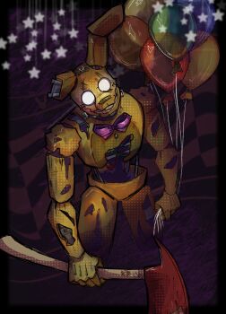 1boy animatronic axe balloon bow bowtie cowboy_shot five_nights_at_freddy&#039;s five_nights_at_freddy&#039;s_3 glowing glowing_eyes highres holding holding_axe holding_balloon humanoid_robot looking_at_viewer notched_ear purple_bow purple_bowtie repulsivethoughts robot smile solo springtrap star_(symbol) white_eyes
