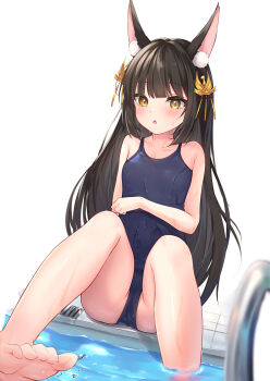 1girl absurdres animal_ear_fluff animal_ears azur_lane bare_arms bare_legs bare_shoulders barefoot black_hair blue_one-piece_swimsuit breasts brown_eyes ebifly401 feet fox_ears hair_ornament highres knees_up legs loli long_hair nagato_(azur_lane) one-piece_swimsuit pool poolside simple_background sitting small_breasts soles solo swimsuit toes very_long_hair water white_background