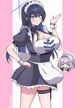 2girls alternate_costume atsuko_(blue_archive) bare_legs black_dress black_hair blue_archive blush breasts camera chibi chibi_only dress halo hand_on_own_hip hood hooded_jacket jacket large_breasts long_hair looking_at_viewer maid multiple_girls ousaka_(buppa_man) purple_hair saori_(blue_archive) twitter wrist_cuffs