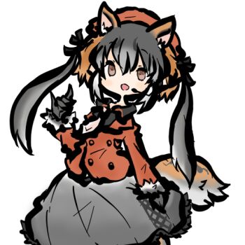 1girl animal_ears brown_eyes brown_hair extra_ears fox_ears fox_tail gloves grey_hair hat island_fox_(kemono_friends) jacket kemono_friends kemono_friends_v_project long_hair looking_at_viewer microphone necktie ribbon shirt simple_background skirt solo tail tanuki_kamen twintails virtual_youtuber