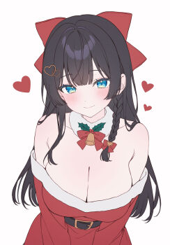 1girl armpit_crease bare_shoulders bell belt belt_buckle black_belt black_hair blue_eyes blush bow bowtie braid breasts buckle cleavage closed_mouth commentary_request cowboy_shot dot_nose double-parted_bangs dress fur_collar hair_ornament heart heart_hair_ornament highres korean_commentary large_breasts long_hair looking_at_viewer neck_bell off-shoulder_dress off_shoulder red_bow red_bowtie red_dress santa_costume shirayuki_hina simple_background smile solo stellive study_huni virtual_youtuber white_background