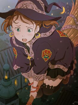 aqua_eyes black_hat black_jacket black_skirt black_thighhighs broom broom_riding brown_hair commentary flying hat highres jacket monodevil night open_mouth original outdoors skirt thighhighs twintails witch witch_hat
