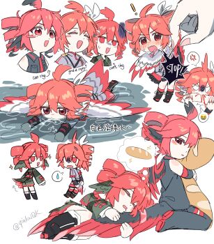 ! 1girl @_@ adapted_costume ahoge air_bubble alternate_costume anger_vein animal_ears ankle_socks arrow_(symbol) baguette belt bird_ears bird_girl bird_tail bird_wings biting black_boots black_feathers black_hair black_shirt blood blush boots bread bubble chibi clothes_lift collar commentary_request crying_emoji drill_hair drooling emoji empty_eyes english_text feather_hair feathered_wings feathers fetal_position food full_body gloom_(expression) grey_shirt hair_between_eyes hair_ribbon half-harpy highres holding hugging_object hugging_tail kasane_teto kneeling looking_at_another looking_at_viewer looking_back lying mini_person minigirl monster_girl mouth_submerged mouth_under_water multicolored_hair multiple_views nervous_sweating on_stomach partially_feathered_tail partially_shaded_face partially_submerged qiukui red_eyes red_feathers red_hair red_socks red_trim ribbon scratches shirt sidelocks signature skirt skirt_lift sleeping sleeveless smile socks sparkle speech_bubble spoken_anger_vein spoken_emoji spoken_expression spoken_sweatdrop spread_wings sweat sweatdrop synthesizer_v tail tail_raised thigh_boots thought_bubble twin_drills two-tone_hair utau water watermark white_background white_feathers white_hair white_ribbon white_socks wings