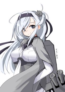 Rule 34 | 1girl, absurdres, black headband, black sailor collar, corset, grey eyes, grey hair, grey jacket, hashtag-only commentary, headband, highres, jacket, jacket on shoulders, kantai collection, long hair, neckerchief, one-hour drawing challenge, one side up, rigging, sailor collar, sailor shirt, shirt, simple background, solo, suzutsuki (kancolle), tastas, upper body, white background, white neckerchief