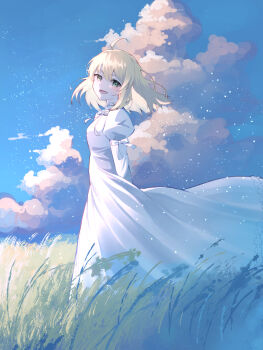 1girl :d ahoge arm_behind_back artoria_pendragon_(fate) blonde_hair blue_sky bow cloud commentary cumulonimbus_cloud day dress dress_bow fate/stay_night fate_(series) field from_side full_body grass green_eyes hair_between_eyes hair_down highres juliet_sleeves last_episode_(fate) light_particles long_sleeves looking_at_viewer medium_hair official_alternate_costume official_alternate_hairstyle open_mouth outdoors papukin puffy_sleeves saber_(fate) sky sleeve_bow smile solo standing white_bow white_dress wind