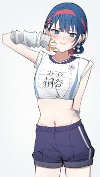 1girl absurdres alternate_hairstyle arm_behind_back arm_up arm_warmers blue_eyes blue_hair blush breasts chase_my_ideal_idol!_(project_sekai) earrings gym_shorts gym_uniform hair_between_eyes hair_ornament hairband heart heart_hair_ornament highres jewelry kiritani_haruka looking_at_viewer midriff nail_polish name_tag navel nemu_(jdgz3357) official_alternate_hairstyle project_sekai shirt shirt_rolled_up short_hair short_shorts short_sleeves shorts simple_background sleeves_rolled_up small_breasts smile solo white_arm_warmers white_background white_shirt yellow_nails