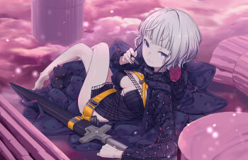 1girl absurdres baby_animal barefoot belt black_dress black_jacket blue_eyes breasts cleavage cropped_jacket crossed_legs daisi_gi dress fate/grand_order fate_(series) glasses grey_hair highres holding holding_removed_eyewear hood hooded_jacket jacket jacques_de_molay_(foreigner)_(fate) jacques_de_molay_(foreigner)_(second_ascension)_(fate) lamb large_breasts legs long_sleeves looking_at_viewer open_clothes open_jacket sheep short_dress short_hair smile sword thighs unworn_eyewear weapon