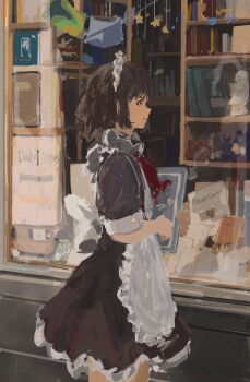 1girl apron ascot back_bow black_dress black_eyes black_hair blareger book bow closed_mouth collared_dress commentary cowboy_shot dress english_commentary from_side highres kiosk maid maid_apron maid_headdress medium_hair newspaper original profile red_ascot short_dress short_sleeves sidelocks solo standing white_apron white_bow white_headdress white_trim window