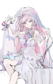 1girl absurdres bare_shoulders breasts bridal_veil commentary_request cyrene_(honkai:_star_rail) cyrene_(ripples_of_past_reverie)_(honkai:_star_rail) diamond-shaped_pupils diamond_(shape) dress earrings highres honkai:_star_rail honkai_(series) jewelry long_hair looking_at_viewer medium_breasts multicolored_hair pink_hair pointy_ears popoko_n purple_eyes simple_background sitting smile solo symbol-shaped_pupils two-tone_hair veil very_long_hair white_background white_dress white_hair