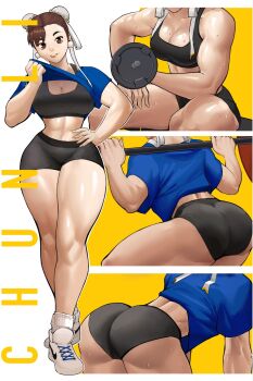 1girl abs ass bent_over bike_shorts black_shorts black_sports_bra blue_shirt breasts brown_eyes brown_hair bun_cover capcom character_name chun-li cleavage clothes_lift commentary double_bun earrings english_commentary exercising full_body hair_bun hand_on_own_hip head_out_of_frame high_tops highres jewelry large_breasts legs lifting_own_clothes looking_at_viewer median_furrow midriff multiple_views narrow_waist navel nike_(company) parted_lips shirt shirt_lift shoes short_hair shorts sitting smile sneakers socks sports_bra squatting street_fighter sweat thick_thighs thighs toned weightlifting white_footwear white_socks wiping_sweat wiping_with_clothes zukululuu