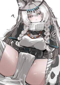 1girl absurdres animal_ear_fluff animal_ears arknights blush braid breasts grey_hair highres kjerag_logo large_breasts leopard_ears leopard_girl leopard_tail long_hair looking_at_viewer pramanix_(arknights) simple_background sitting solo taiiiyakiii tail twin_braids white_background