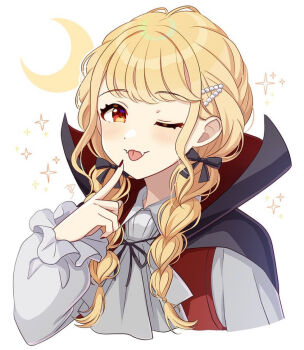 1girl ;p alternate_costume ascot black_bow black_cloak blonde_hair blush bow braid cloak commentary_request crescent cropped_torso fangs fangs_out finger_to_own_chin frilled_sleeves frills fujita_kotone gakuen_idolmaster grey_ascot hair_bow hair_ornament hairclip highres idolmaster long_hair long_sleeves looking_at_viewer nail_polish one_eye_closed red_eyes red_nails red_vest sakura_ran sidelocks signature smile solo sparkle tongue tongue_out twin_braids twintails vampire vest white_background