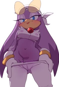 0lightsource 1girl beak bird_girl breasts cameltoe clothes_pull covered_erect_nipples crop_top eyewear_on_head female_pubic_hair from_below furry furry_female gluteal_fold highres looking_at_viewer medium_breasts pants pants_pull pubic_hair purple_fur simple_background solo sonic_(series) sonic_riders sonic_riders_(series) thigh_gap tongue tongue_out wave_the_swallow