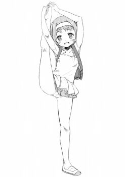 1girl armpits asatte_no_houkou backpack bag barefoot commission feet full_body highres iokawa_karada loli monomono open_mouth panties pixiv_commission randoseru solo split standing standing_on_one_leg standing_split underwear