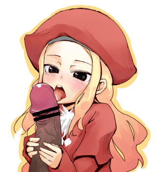 1girl bar_censor belfraw_martini black_eyes blonde_hair capelet censored commentary_request fellatio hat huge_penis kamita licking licking_penis oral penis red_capelet red_hat solo summon_night summon_night_3 upper_body veins veiny_penis