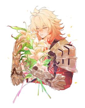 1boy arm_tattoo black_coat blonde_hair braid chest_tattoo chinese_commentary clawed_gauntlets coat commentary_request earrings facial_tattoo flower gold_earrings gold_necklace gradient_hair highres holding holding_flower honkai:_star_rail honkai_(series) jewelry male_focus medium_hair multicolored_hair mydei_(honkai:_star_rail) necklace open_clothes open_coat red_hair red_tattoo side_braid solo tattoo tears white_lily xinjinjumin7244942 yellow_eyes