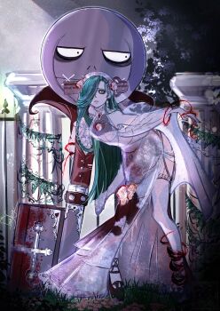 1girl a.b.a absurdres alternate_costume bags_under_eyes blood blood_on_clothes cattedawn column dress full_body grass green_hair guilty_gear hair_over_one_eye halloween_costume highres key key_in_head long_hair long_skirt looking_to_the_side object_through_head pale_skin pillar skirt wedding_dress white_dress