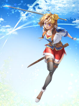 Rule 34 | 1girl, ahoge, anelace elfead, armor, black thighhighs, blue sky, boots, bow, breasts, brown hair, chiga akira, cloud, collarbone, commentary request, cropped jacket, curtained hair, eiyuu densetsu, fingerless gloves, floating hair, full body, glint, gloves, hair between eyes, hair bow, hairband, hashtag-only commentary, highres, holding, holding sword, holding weapon, looking at viewer, medium breasts, open mouth, parted bangs, partially shaded face, pauldrons, purple eyes, scabbard, sheath, short hair, short sleeves, shorts, shoulder armor, single pauldron, sky, smile, solo, sora no kiseki, sword, thighhighs, weapon, white gloves, yellow hairband