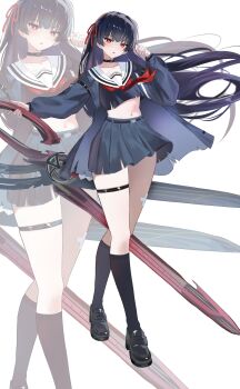 1girl black_choker black_hair black_jacket black_serafuku black_shoes black_skirt black_socks bright_pupils chisa_(wuthering_waves) choker collarbone commentary crop_top hair_ribbon hand_up highres jacket loafers long_hair long_sleeves looking_at_viewer midriff navel neckerchief parted_lips red_eyes red_neckerchief red_ribbon ribbon sailor_collar school_uniform serafuku shoes simple_background skirt socks soyeong thigh_strap thighs white_background white_pupils white_sailor_collar wind wuthering_waves zoom_layer