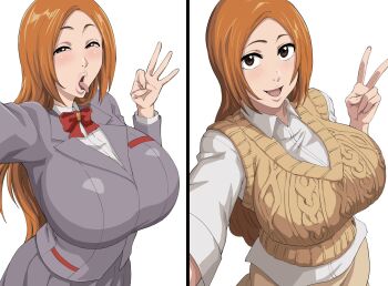 1girl bleach bleach:_epilogue bow breasts brown_eyes fellatio_gesture highres inoue_orihime iwao178 jacket karakura_high_school_uniform large_breasts light_blush long_hair mature_female open_mouth orange_hair peace_symbol red_bow school_uniform simple_background skirt sweater_vest white_background
