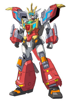 Rule 34 | absurdres, blue eyes, clenched hands, core gundam, crossover, denkou choujin gridman, fusion, glowing, glowing eyes, gridman (character), gridman (denkou choujin), gundam, gundam build divers, gundam build divers re:rise, highres, king gridman, mecha, no humans, robot, solo, standing, sukekiyo56, weapon, white background