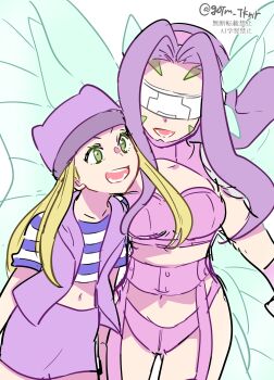 Rule 34 | 2girls, absurdres, bikini, blonde hair, breasts, cowboy shot, digimon, digimon frontier, fairimon, gotm tknr, hat, head-mounted display, head wings, highres, large breasts, long hair, multiple girls, navel, orimoto izumi, purple bikini, purple hair, purple hat, purple shorts, purple vest, shorts, swimsuit, vest, wings