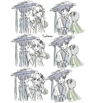 1boy 1girl affectionate arm_at_side artist_name black_bodysuit black_bridal_gauntlets black_shorts blue_cape blue_hat blue_kimono blue_sleeves blunt_ends bodysuit bow bridal_gauntlets cape cheek_press closed_mouth detached_sleeves dress eyelashes genshin_impact gold green_eyes green_hair green_sleeves hair_between_eyes hair_ornament half_crown_braid han'eri hand_on_another's_face hat highres index_finger_raised japanese_clothes jingasa kimono layered_kimono layered_sleeves leaf leaf_hair_ornament long_hair looking_at_another looking_down looking_to_the_side multicolored_hair multiple_views nahida_(genshin_impact) open_clothes open_kimono open_mouth pointing pointing_at_self pointy_ears purple_eyes purple_hair scaramouche_(genshin_impact) sequential short_sleeves shorts side_ponytail sidelocks sideways_glance sketch smile softea streaked_hair wanderer_(genshin_impact) white_background white_bow white_dress white_hair white_kimono white_mouth white_sleeves