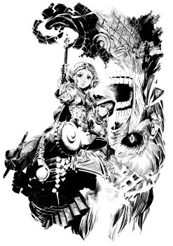 1boy 1girl bedroll black_gloves closed_mouth earrings fingerless_gloves fingernails fire fire frown gloves greyscale hatching_(texture) highres holding holding_torch hood hood_up jewelry link monochrome nintendo open_mouth pointy_ears princess_zelda shimoguchi_tomohiro short_hair teeth the_legend_of_zelda the_legend_of_zelda:_breath_of_the_wild the_legend_of_zelda:_tears_of_the_kingdom torch