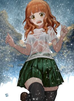 Rule 34 | 1girl, absurdres, black thighhighs, bra, bra visible through clothes, commentary request, girls und panzer, green skirt, highres, kainushi, long hair, ooarai school uniform, open mouth, orange eyes, orange hair, outdoors, pleated skirt, rain, school uniform, see-through clothes, see-through shirt, shirt, shoes, skindentation, skirt, solo, standing, takebe saori, teeth, thighhighs, tree, underwear, upper teeth only, wet, wet clothes, wet shirt, wet skirt, white bra, white shirt