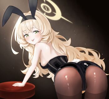 1girl :p alternate_costume animal_ear_hairband animal_ears arm_support ass back bent_over black_leotard blonde_hair blue_archive blush breasts brown_pantyhose closed_mouth commentary_request cowboy_shot cowlick fake_animal_ears fluffy_hair from_behind green_eyes hairband halo highres leotard long_hair looking_at_viewer looking_back pantyhose playboy_bunny professor_niyaniya_(blue_archive) rabbit_ears sideboob simple_background small_breasts smile solo stool strapless strapless_leotard thighband_pantyhose tongue tongue_out toughman very_long_hair yellow_halo