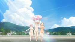 3girls animated anime_screenshot beach blonde_hair bouncing_breasts breasts brown_hair cameltoe completely_nude female_focus highres kasamaru_aoi large_breasts multiple_girls nipples nude nude_filter outdoors pink_hair pussy running ruri_no_houseki small_breasts sound swim_ring tagme tanigawa_ruri third-party_edit video water