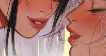 2girls black_hair blush close-up closed_eyes commentary english_commentary eyelashes grey_hair mouth_focus multiple_girls original parted_lips red_lips sketch sleepymocha sweat tongue tongue_out yuri