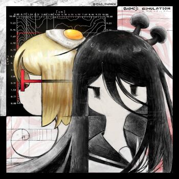 2girls black_eyes black_hair blonde_hair copyright_name food food_on_head fried_egg gba_dvance glasses golden_spiral hair_between_eyes highres long_hair multiple_girls mushroom_on_head no_mouth object_on_head red-framed_eyewear shimeji_simulation short_hair topographic_map tsukishima_shijima twitter_username yamashita_majime