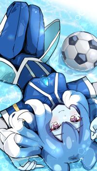 1girl ball blue_hair blue_nails blue_skin closed_mouth colored_skin highres inazuma_eleven_(series) inazuma_eleven_go inazuma_eleven_go_galaxy lying mirina1219 multicolored_hair on_back partially_submerged powai_pichori purple_eyes soccer_ball soccer_uniform solo sportswear two-tone_hair upside-down white_hair