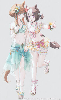 21_(nijuichinichi) 2girls animal_ears aqua_sarong arm_garter bare_shoulders bikini bikini_skirt braid breasts cleavage collarbone commentary_request crown_braid feet flower frilled_bikini frills hair_bun hair_flower hair_ornament hair_ribbon horse_ears horse_girl horse_tail jewelry medium_breasts multicolored_hair multiple_girls navel necklace official_alternate_costume official_alternate_hairstyle open_mouth orange_bikini orange_hair plaid_bikini plaid_clothes purple_eyes ribbon sandals sarong short_hair silence_suzuka_(emerald_on_the_waves)_(umamusume) silence_suzuka_(umamusume) small_breasts smile special_week_(hopp'n_happy_heart)_(umamusume) special_week_(umamusume) stomach swimsuit tail toes umamusume white_hair wrist_flower