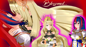 2girls 3d absurdres artist_request assertive_female blue_hair breasts celine_(fire_emblem) english_text female_alear_(fire_emblem) fire_emblem fire_emblem_engage highres kiss leaning_back leaning_forward long_hair medium_breasts multicolored_hair multiple_girls nintendo non-web_source red_hair small_breasts very_long_hair yuri