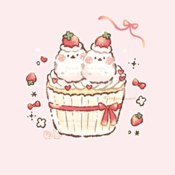 animal animal_focus bird bow commentary_request cupcake food fruit heart highres looking_at_viewer no_humans on_food original pink_background pink_bow pink_ribbon ribbon strawberry temariame14