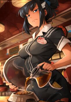 1girl absurdres barista blue_eyes bowl coffee_pot english_text hair_bun hair_ornament highres holding holding_tray khyle. kill_la_kill kiryuuin_satsuki long_hair looking_at_viewer patreon_logo patreon_username pet_bowl pet_food pouring restaurant single_hair_bun thick_eyebrows tray waitress