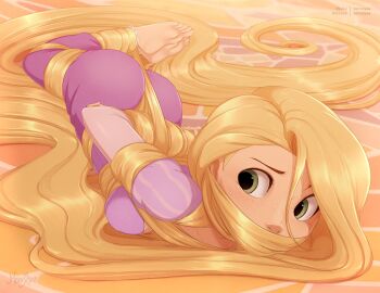 1girl absurdly_long_hair arms_behind_back artist_name ass barefoot bdsm between_buttocks blonde_hair bondage bound bound_arms bound_feet bound_legs breasts dated dress feet freckles full_body gag gagged green_eyes hair_bondage highres long_hair looking_back lying medium_breasts merunyaa on_floor on_stomach purple_dress rapunzel_(disney) signature soles solo sweat tangled toes very_long_hair you_gonna_get_raped